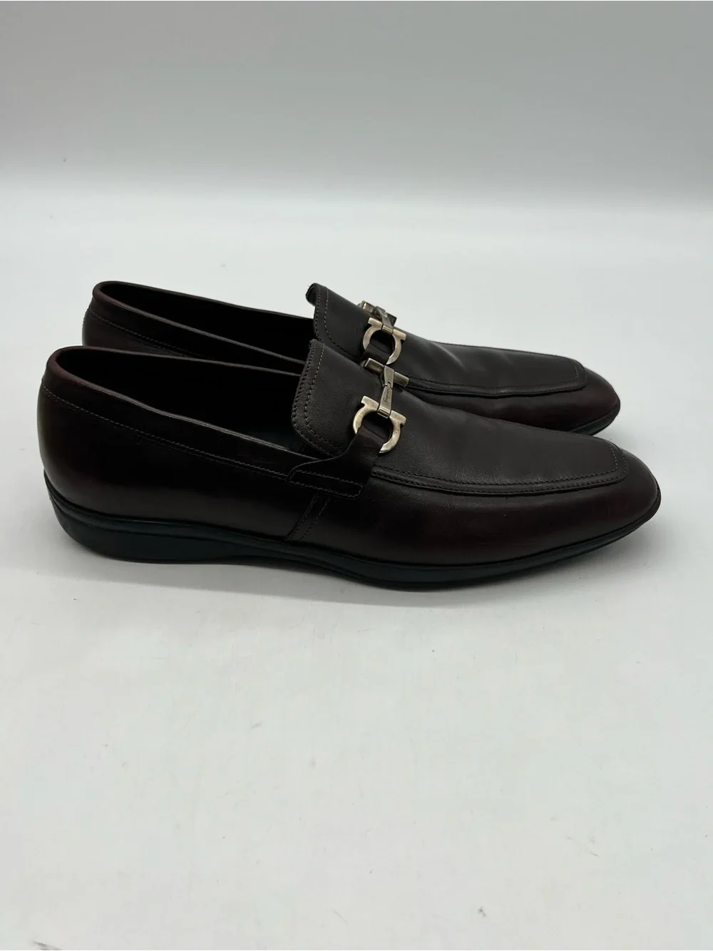 Salvatore Ferragamo Dark Brown Leather Men's Sz 9D Silver Gancini Bit Loafers